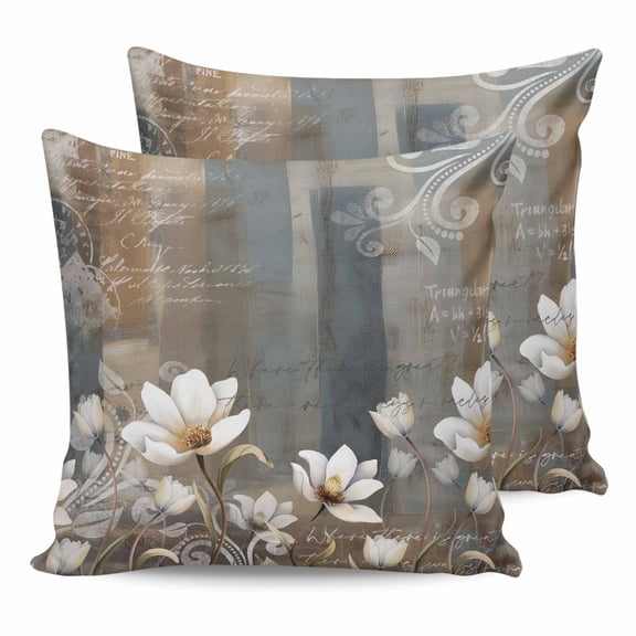14x14 Pillow Covers Set of 2, Brown Grey Floral Throw Pillow Covers Decorative Couch Cushion Case, Spring Summer Botanical Vintage Microfiber Square Pillowcases for Bedroom Car Living Room