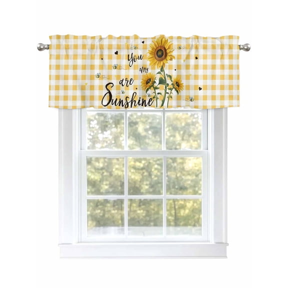 Kitchen Valances for Window, Watercolor Sunflower Love Bee Sunshine Light Filtering Rod Pocket Valance Curtain, Yellow Gingham Check Short Curtains Window Topper for Bedroom 54x18in