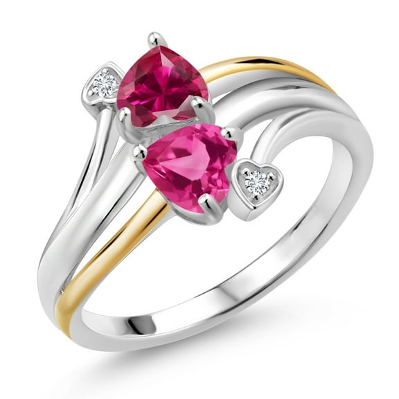Gem Stone King 925 Silver and 10K Yellow Gold Red Created Ruby Pink Created Sapphire and Lab Grown Diamond 2 Heart Promise Couple Engagement Mother Ring (1.22 Cttw, Size 5)