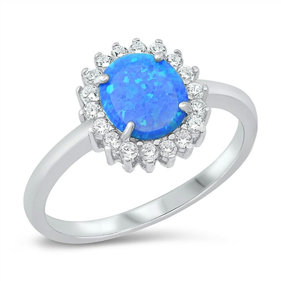 Oval Blue Simulated Opal Cubic Zirconia Sunflower Design Ring Sterling Silver Size 6