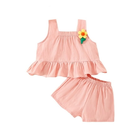 

Baby Girls Summer Outfit Ruffled Hem Flower Sleeveless Tank Tops and Elastic Casual Shorts Set