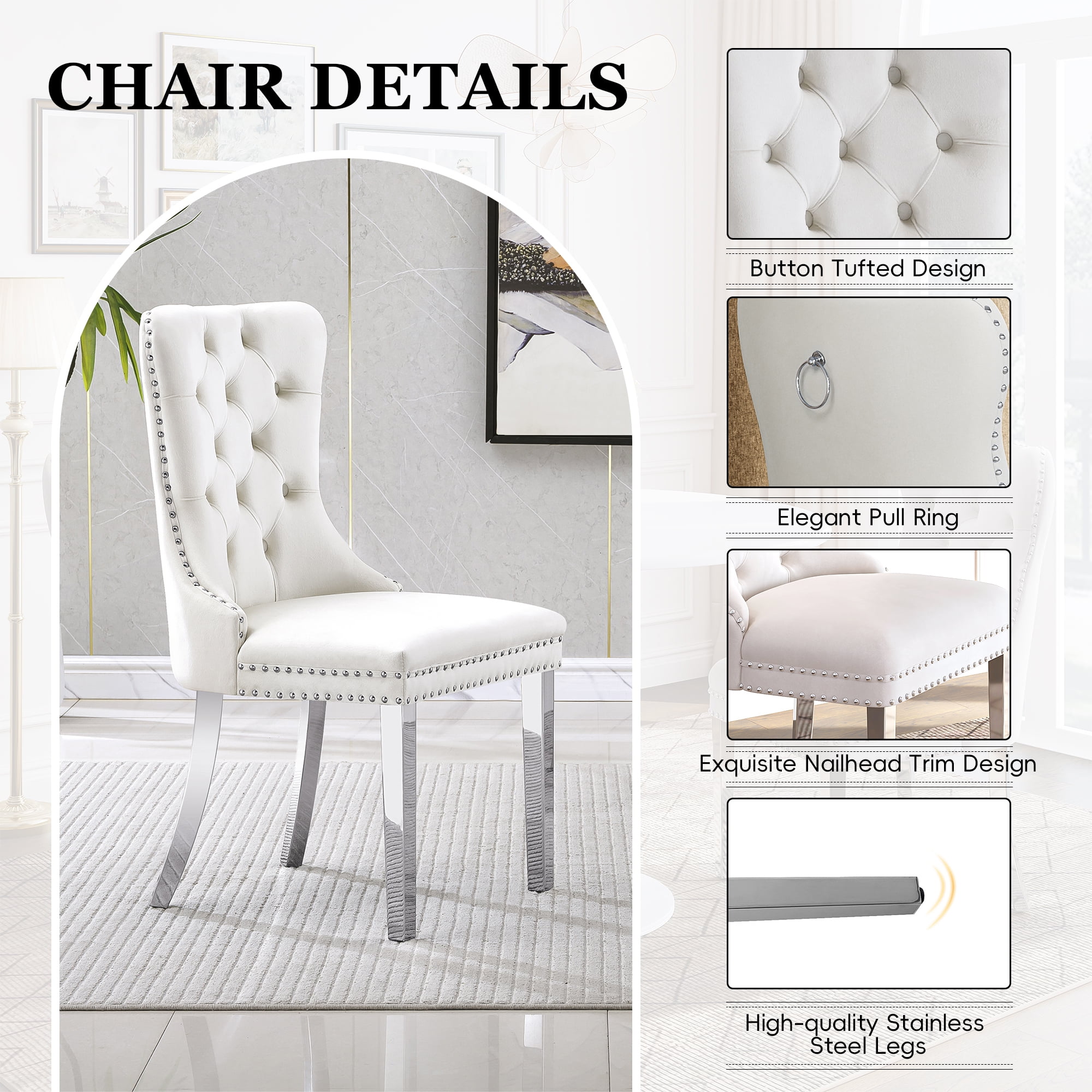 Faux Marble Dining Set of 7, Marble Pattern Table with S-Shaped Stainless Steel Legs, Velvet Dining Chairs with Nailhead Trim, Modern Style for Living Room, Dining Room, Conference Room
