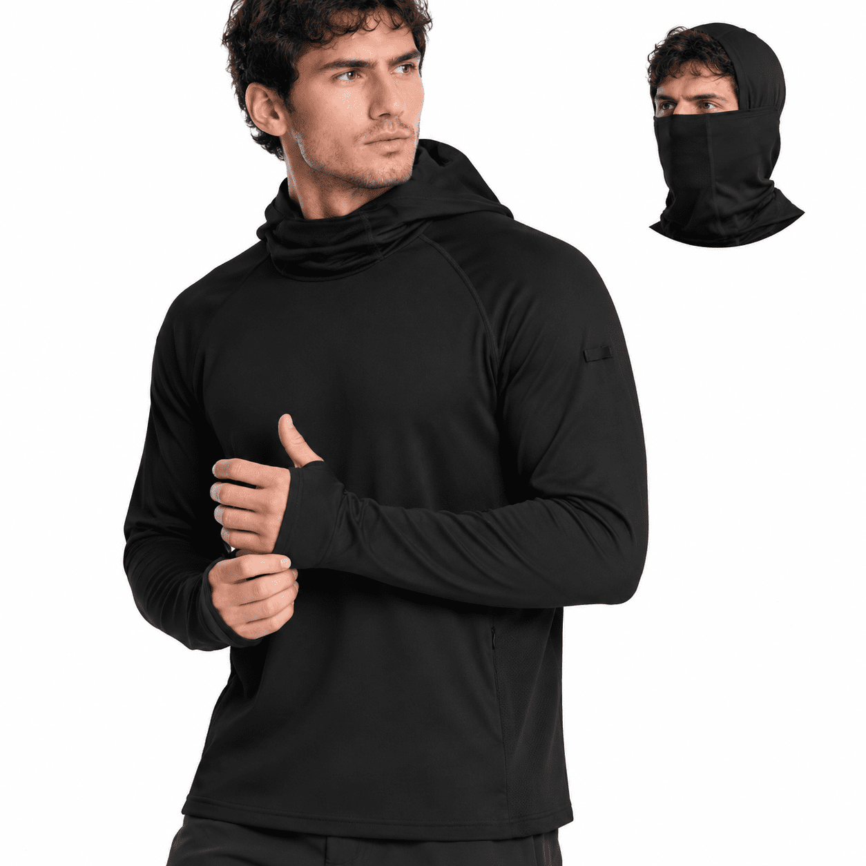 Black Large Men s UPF 50+ Long Sleeve Sun Protection Fishing Shirt with Face Mask