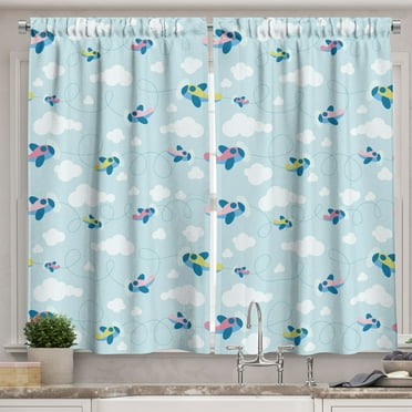 Kids Curtains 2 Panels Set, Cartoon Style Sky with Airplanes and Clouds Swirls Scrapbook Design Pattern, Window Drapes for Living Room Bedroom, 55W X 39L Inches, Baby Blue Pink White, by Ambesonne