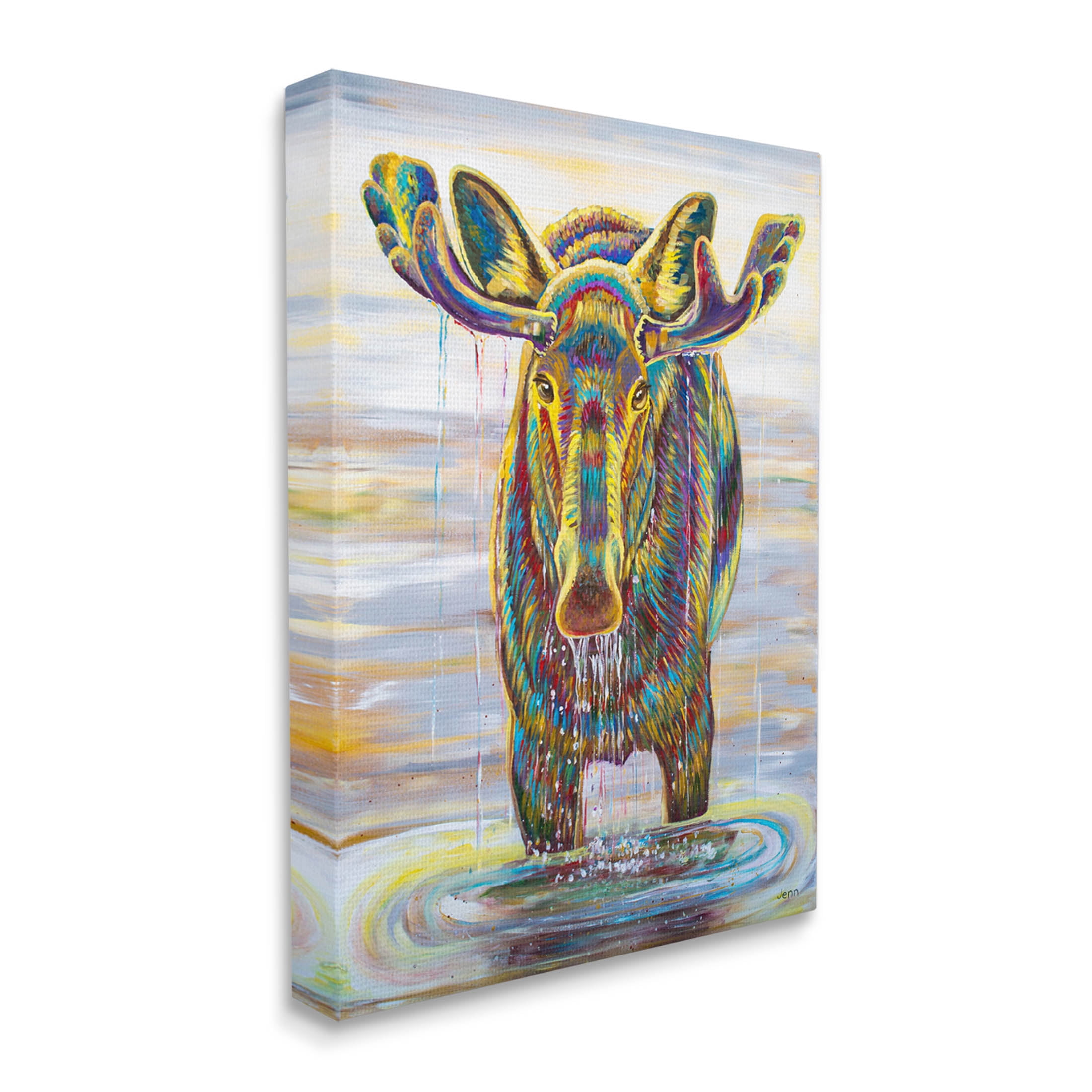 Moose Water Drip Nature Lake Animals & Insects Painting Gallery Wrapped Canvas Print Wall Art