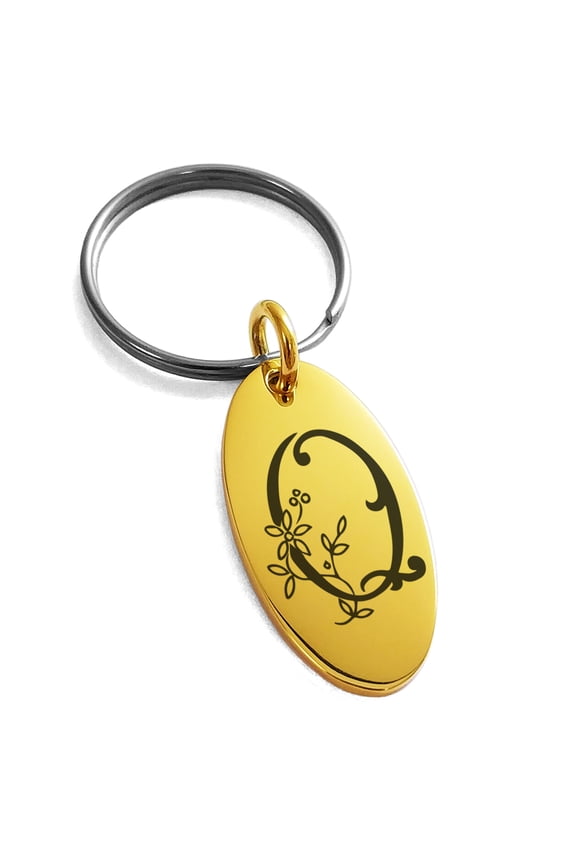 Stainless Steel Letter Q Initial Floral Monogram Engraved Small Oval Charm Keychain Keyring
