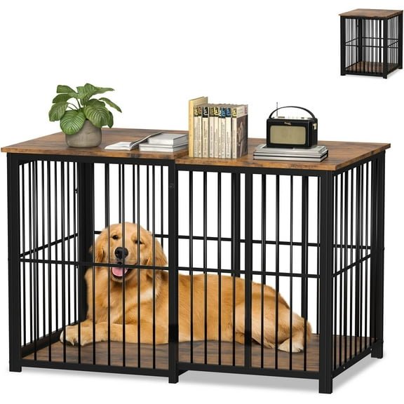 Large Dog Crate Furniture for Large Dogs, Retractable Dog Kennel Furniture, Wooden Large Dog Kennel Indoor, Heavy-Duty Dog Cage Furniture with 3 Levels of Adjustable Size,45.6" L, XL, Rustic Brown