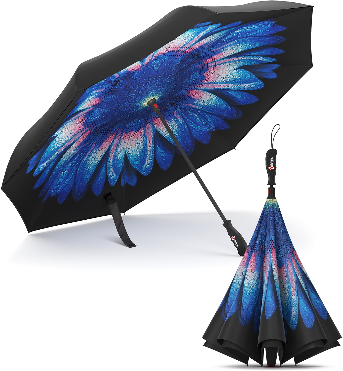 Inverted Reverse Folding Umbrella Blue Sky Double Layer Windproof Rainproof Long Handle Unbrellas,Sky Blue 