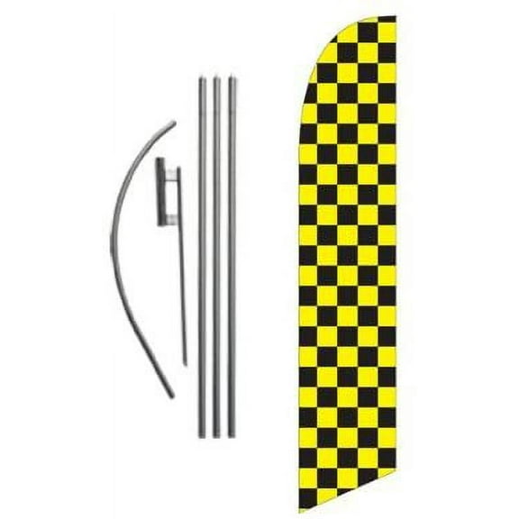 Black and Yellow Checkered Advertising Feather Banner Swooper Flag Sign with Flag Pole Kit and Ground Stake