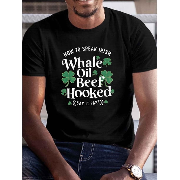 Men's Casual Crew Neck T-Shirt, 100% Polyester Knit Fabric, Geometric Shamrock Pattern, Summer Regular Fit Tee with "How to Speak Irish" Slogan, PLUS SIZE