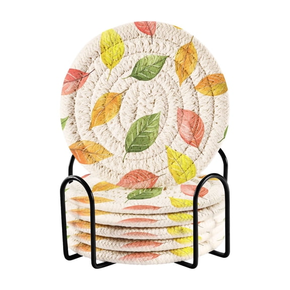 Yayeee 6 PCS Drink Coasters with Holder Set Woven Absorbent Round Tabletop Hot Pad, Pink Colorful Leaves