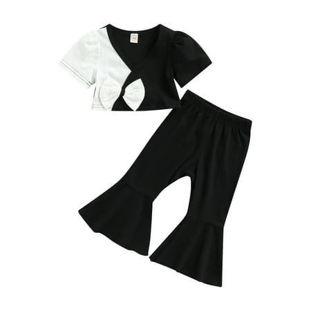 

LSFYSZD Toddler Girls Two-Piece Outfits Short Sleeve Contrast Color Bowknot Crop Tops + Elastic Waist Pure Color Flared Trousers