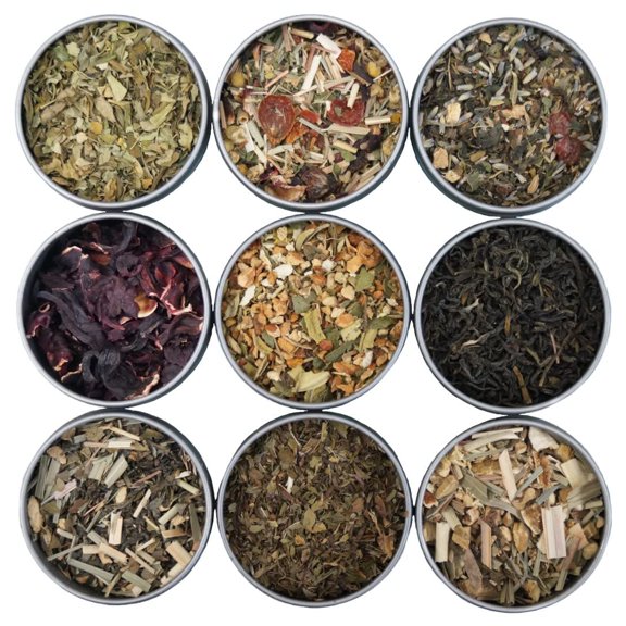 Heavenly Tea Leaves Organic Wellness Tea Sampler (Approx. 90 Cups of Tea), 9 Assorted Loose Leaf Teas & Herbal Tisanes - Great Hot or Iced, High & No Caffeine Teas, Gift Ideas for Her