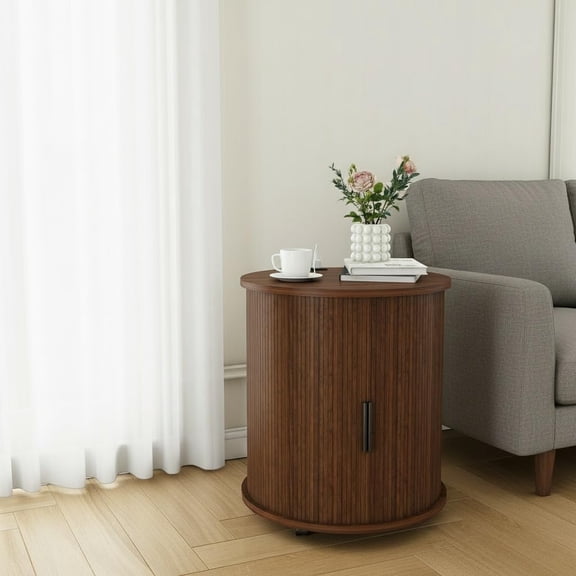 23.62" Mid-Century Mobile Round End Table with Charging Station | Modern Side Table with Slide Door & 2-Tier Storage - Rolling Fluted Nightstand for Living Room Bedroom