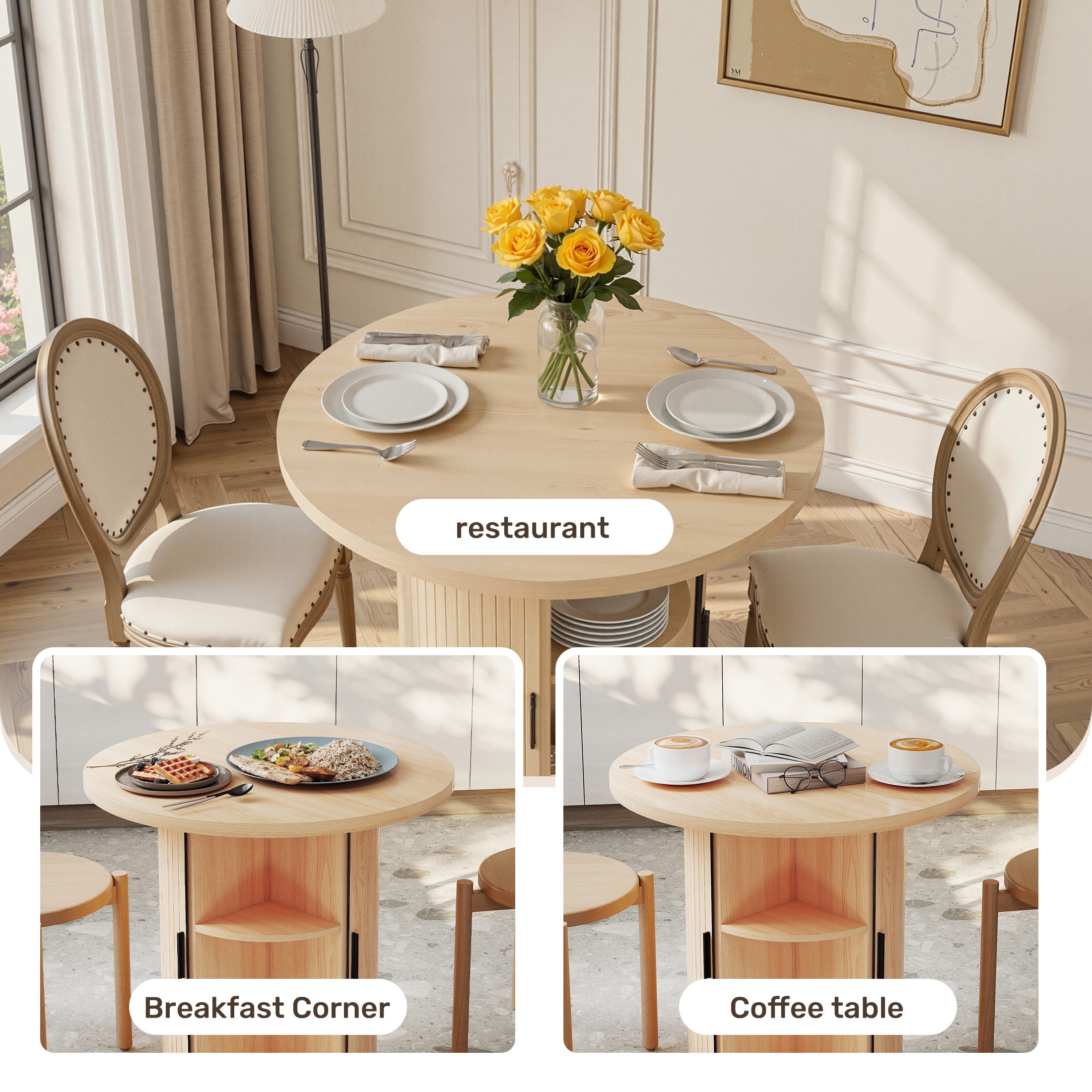 Hawsaiy 31.5" Round Dining Table for 2 with Sliding Door Storage Base, Space-Saving Waterproof Scratch-Resistant Wood Top, Modern Farmhouse Kitchen Table, Natural