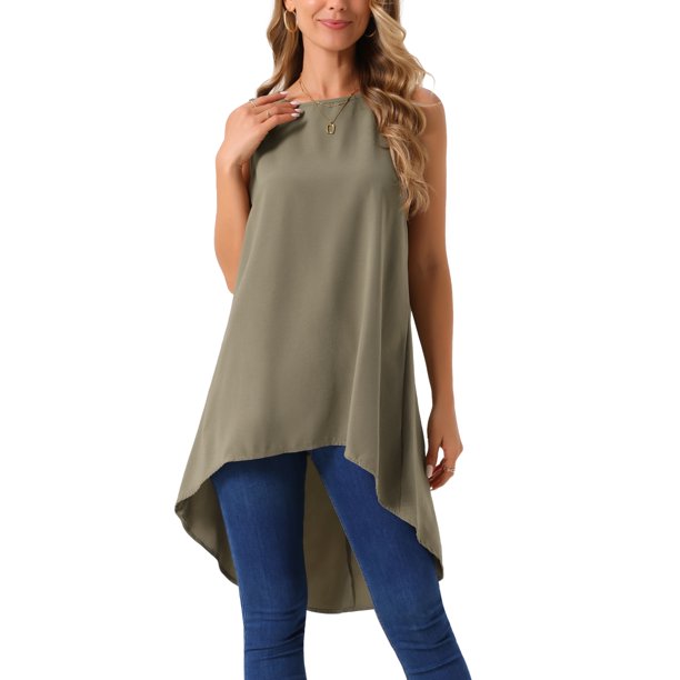 INSPIRAR CHIC Top sin mangas para mujer, cuello redondo, dobladillo asimétrico, ajuste holgado, blusa tunic alta y baja, verde oliva oscuro S