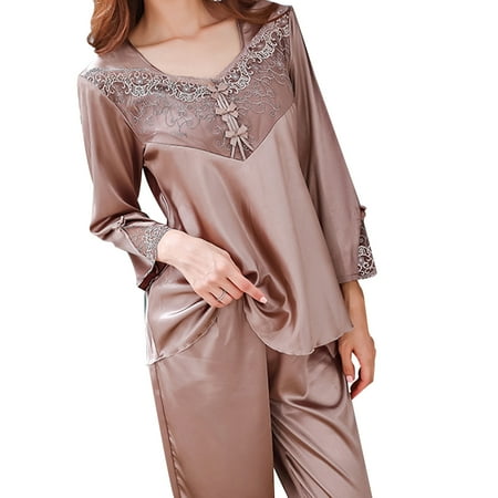 

Huasheng Women Long Sleeve Lace Floral Embroidery Top Pants Sleepwear Homewear Set