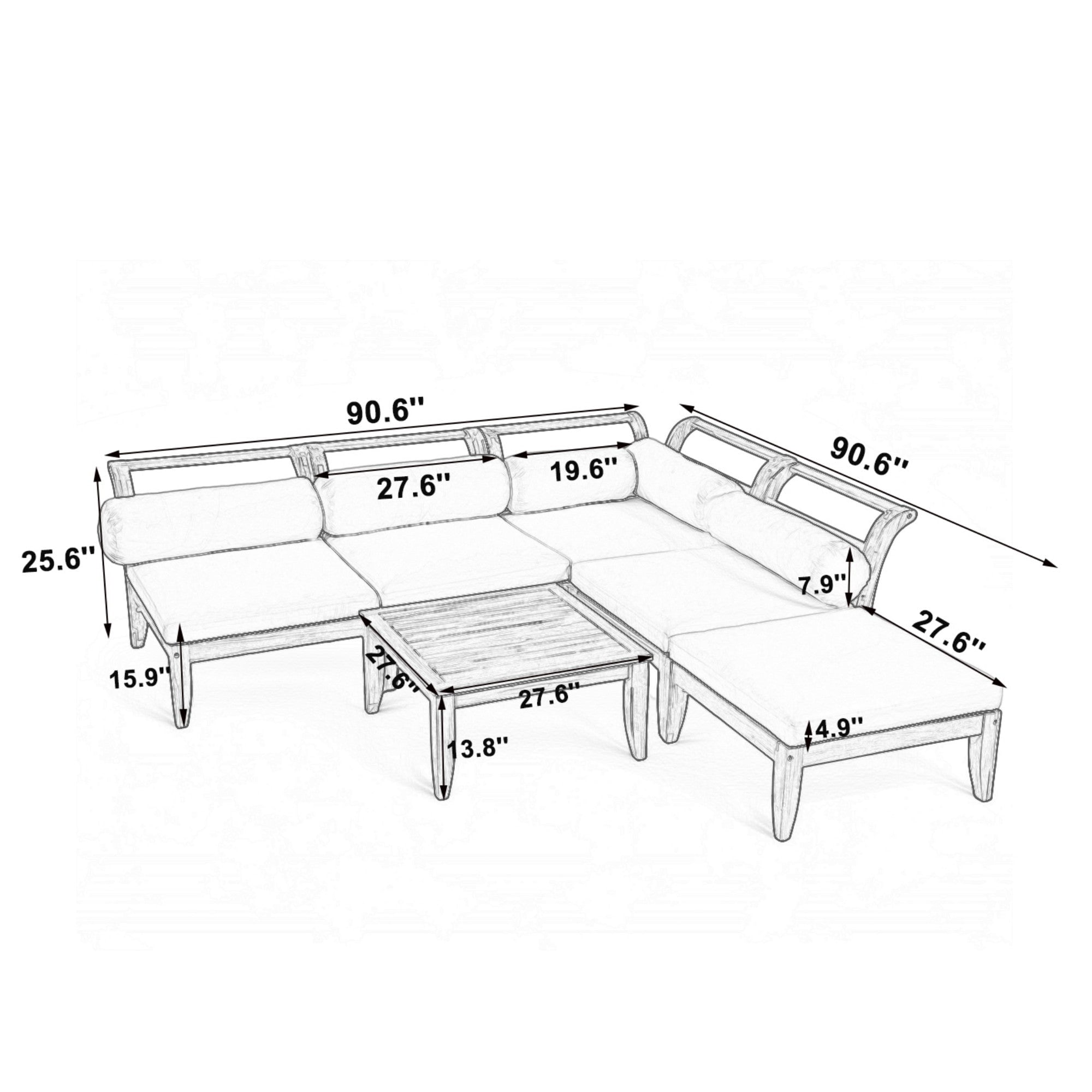 Sailvan 6pc Outdoor Patio Sectional Furniture Set,Acacia Wood L-Shaped Conversation Sofa with Ottoman & Tea Table,Weather Resistant,Teak/Beige