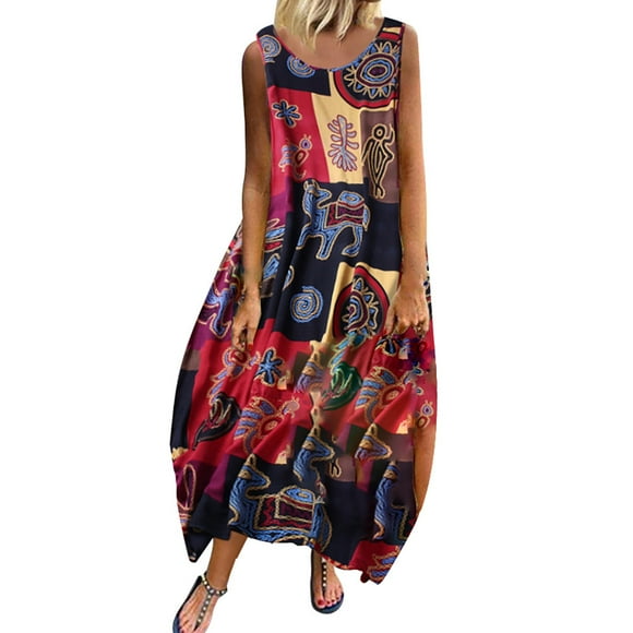 Floral Bohemian Dress Women Vintage Bohemian Print Floral Sleeveless Straps Maxi Dress
