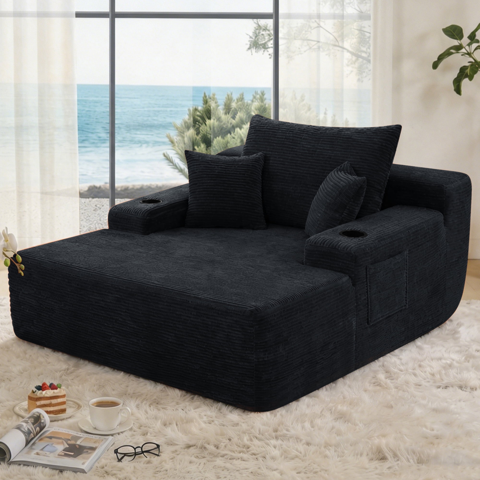 Leumius Oversized Chaise Lounge Chair Indoor,Upholstered Corduroy Cloud Couch Boneless Sofa Bed with Wide Armrest & Throw Pillows,Cup Holder for Living Room,Bedroom,No Assembly Required,Black
