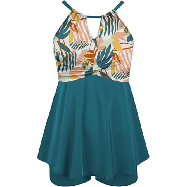 Traje de Baño de Dos Piezas Tankini para Mujer Bikini de Cuello Alto con Pantalones Cortos, Vestido de Baño Control de Barriga Verde Oscuro CH Verde Oscuro CH Xishao ropa