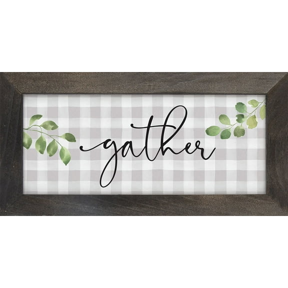 P. Graham Dunn Gather Leaf Branch Soft Grey Plaid 10 x 5 Wood Decorative Framed Art Sign