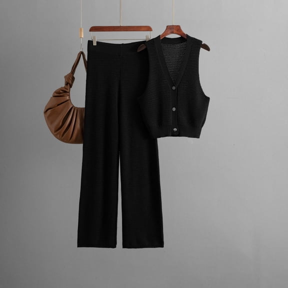 Women's Fashion Knit Suit Summer V Neck Sleeveless Vest High Waisted Straight Leg Pants Two Piece Set Track Suit Pants for Women Suit Coat for Women Formal Pants Suits for Women Evening Weddings