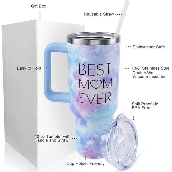 40 oz Tumbler with Handle and Straw Lid Leak Proof | Best Mom Ever Mother''s Day Birthday Gifts for Mom Mothers Day | Stainless Steel Cup Dishwasher Safe