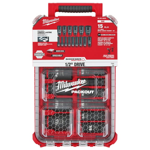 1 Set, Milwaukee 49-66-6802 Shockwave Impact Duty Socket 1/2 Dr 15 Pc Sae Packout Set