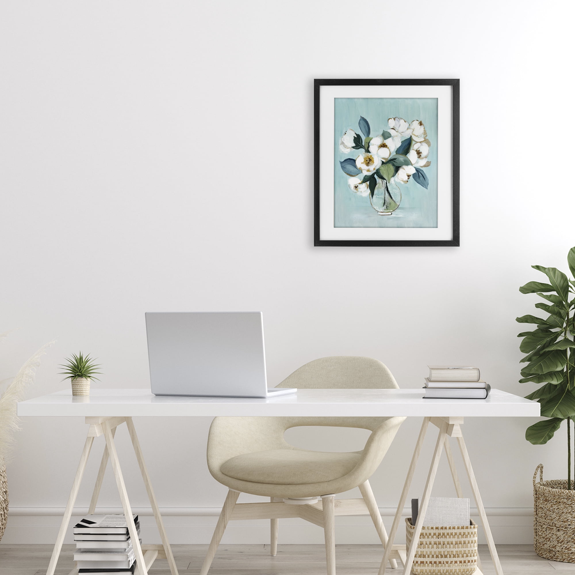 Stupell Industries Magnolia Arrangement over Blue Black Framed Print Under Glass, design by Janet Tava