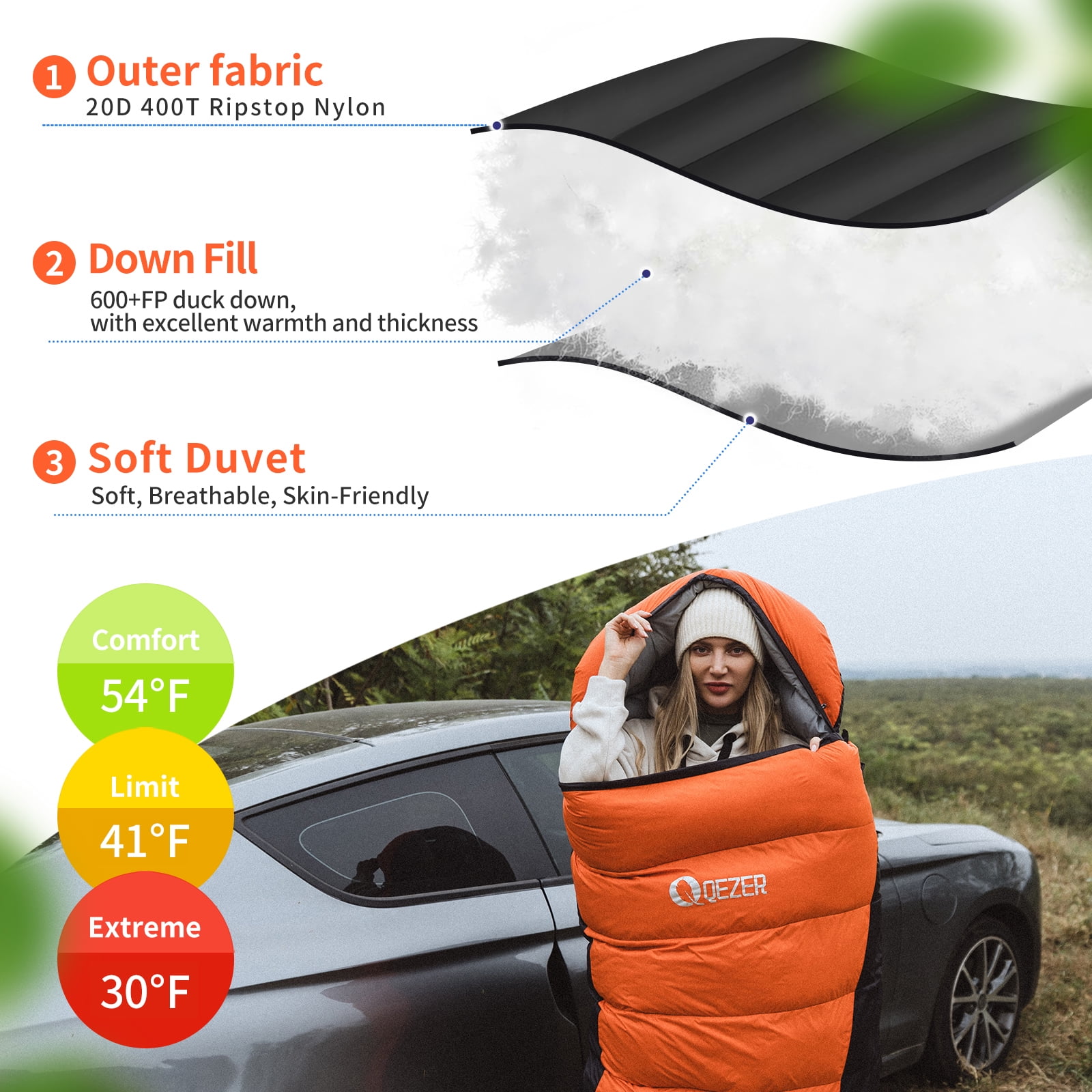 QEZER Adult 3-Season (40℉-53℉) Portable Ultralight Down Sleeping Bag for Camping, Hiking & Backpacking