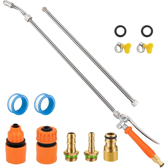 All Metal 44 Inch Replacement Sprayer Wand, Suitable for 1/2" Hose Quick Connector, 1/4" & 3/8" & 1/2" Brass Barb Sprayer Wand, Built-in Shut Valve Stainless Steel, W/2 Hose Clamps & 2 Rolls Raw Tape