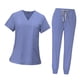 thumbnail image 4 of Conjunto de uniforme médico para mujer con cordón ajustable, camiseta y pantalones con cuello en V duraderos Azul claro, 4 of 9