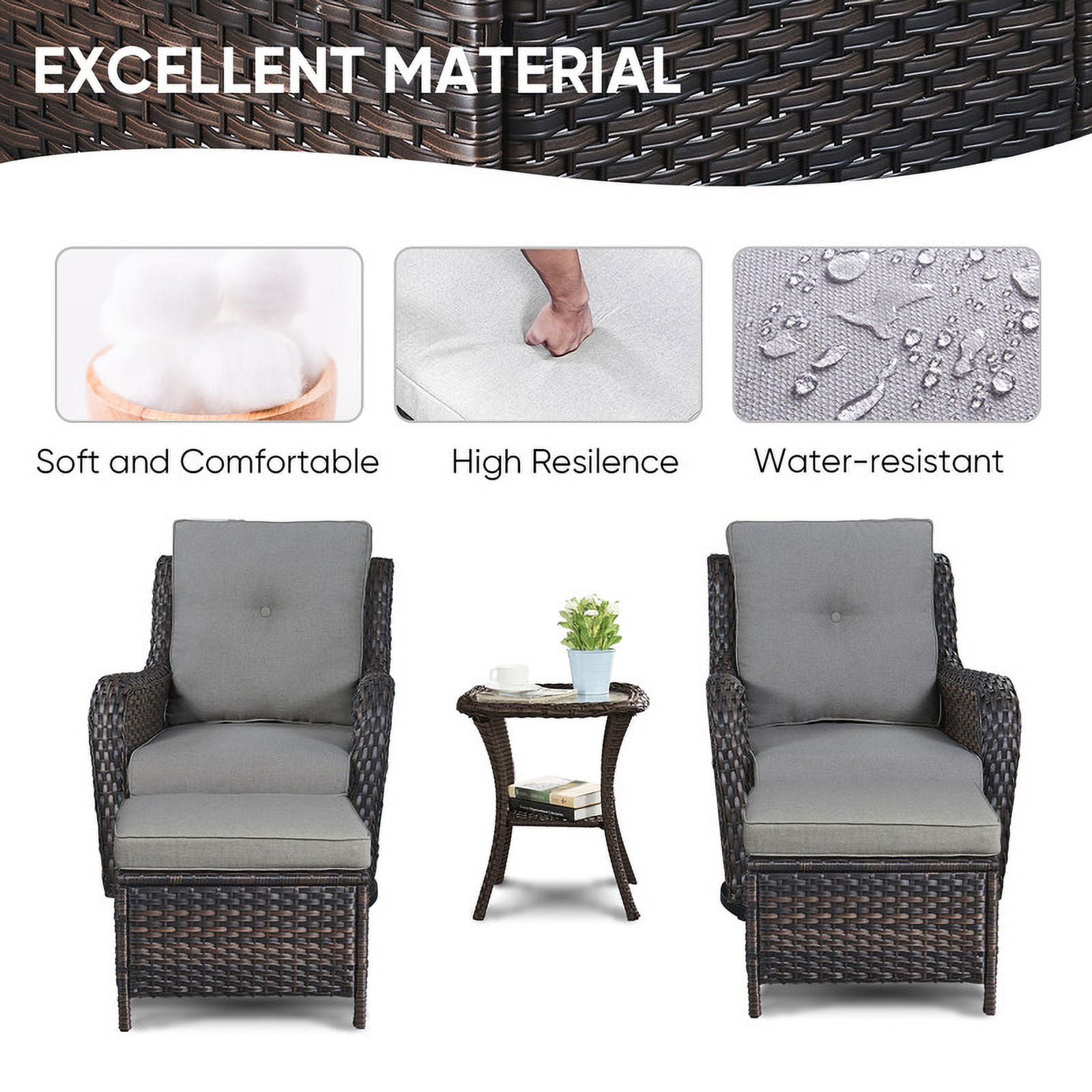 PARKWELL 5-Piece Outdoor Conversation Sets,Wicker Swivel Gliders with Ottomans,Side Table,Patio Seating Furniture with Gray Cushions,Brown Wicker