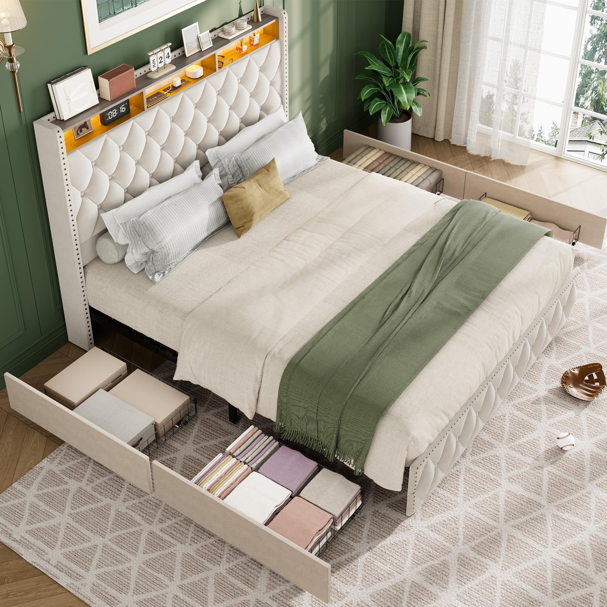 Memoryfield Upholstered Queen Size Bed Frame, Velvet Platform Bedframe with 4 Storage Drawers & USB Charging Station, No Box Spring Needed, Easy Assembly, Beige