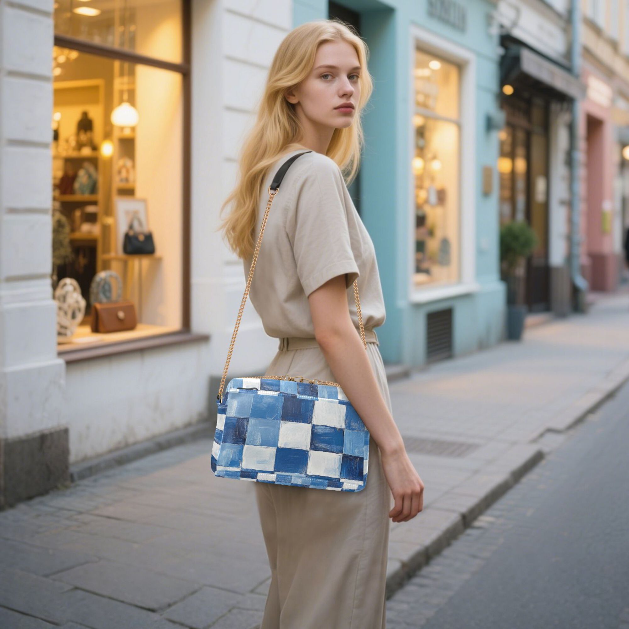 FORMRS Women Crossbody Purse with Chain Strap Vegan Leather Shoulder Handbag, Blue and Gray Plaid Pattern