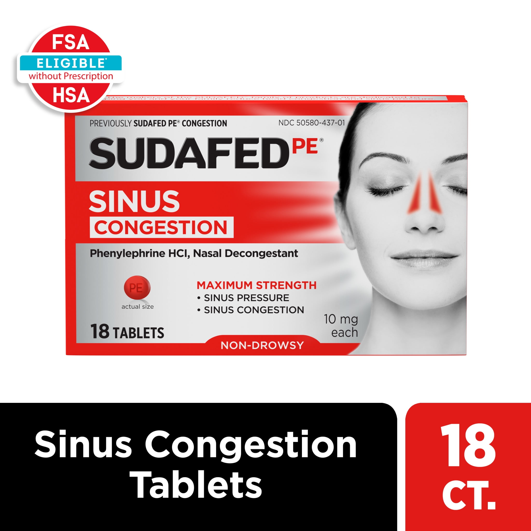 Sudafed PE Max Strength Non-Drowsy Sinus Decongestant Tablets, 18 Count