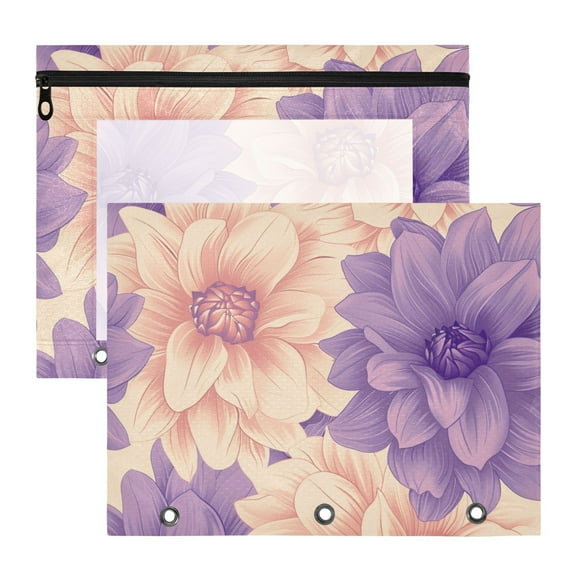 Dahlia Hand Painted 3-Ring Binder Pouches A4 Size Zipper Pocket File Storage 2 Packs