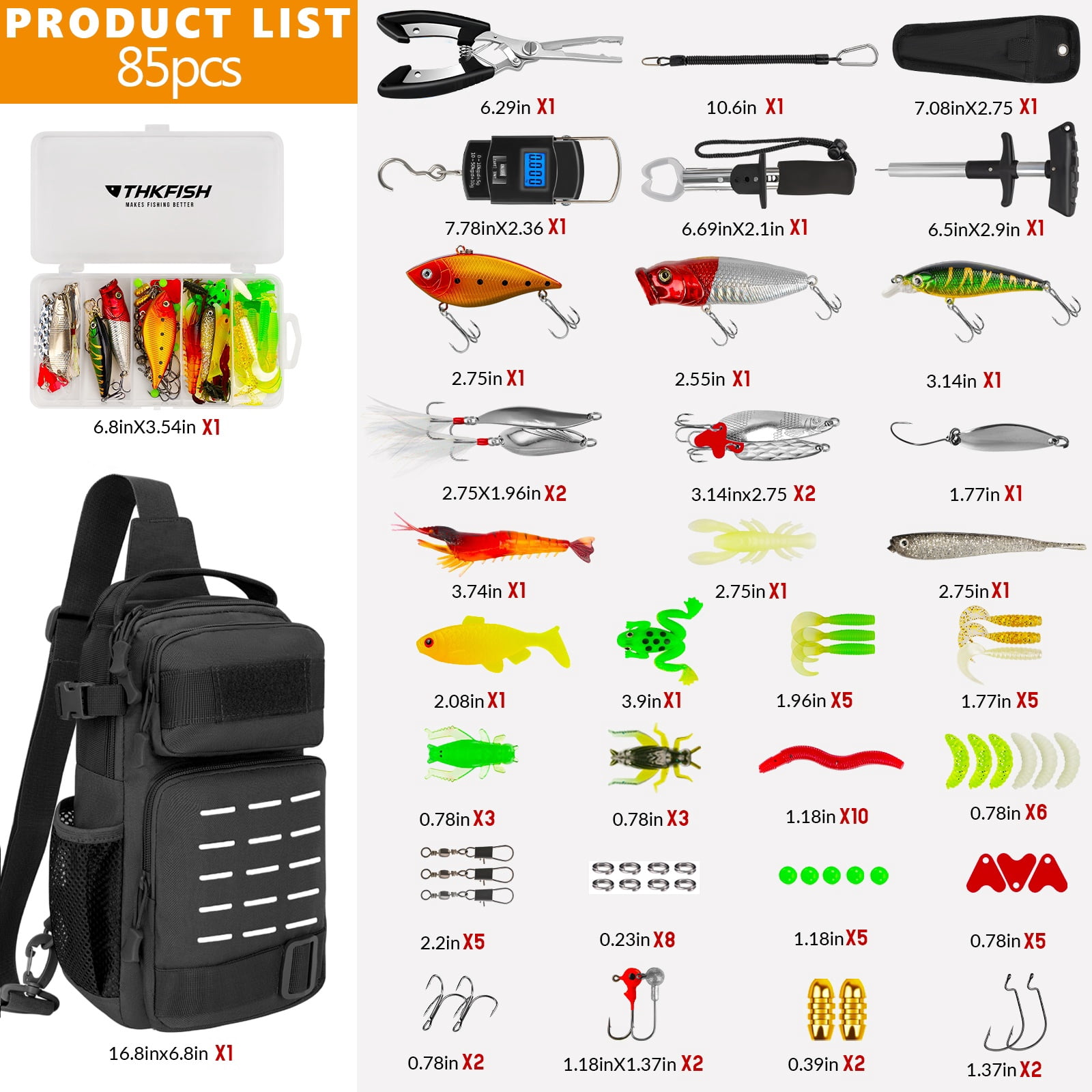 THKFISH 85Pcs Fishing Tool Kit, Fishing Backpack with Tackle Boxes Included, Fishing Tackle Kit Include Fishing Bait Lure Gear Kit, Fishing Pliers, Fish Hook Remover, Lip Gripper