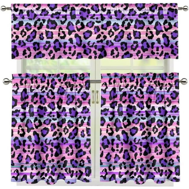 3 Piece Kitchen Window Curtain Panel Tiers and Valance Set Rod Pocket Darkening Curtains Light Filtering Energy Efficient Curtain Set Purple Leopard