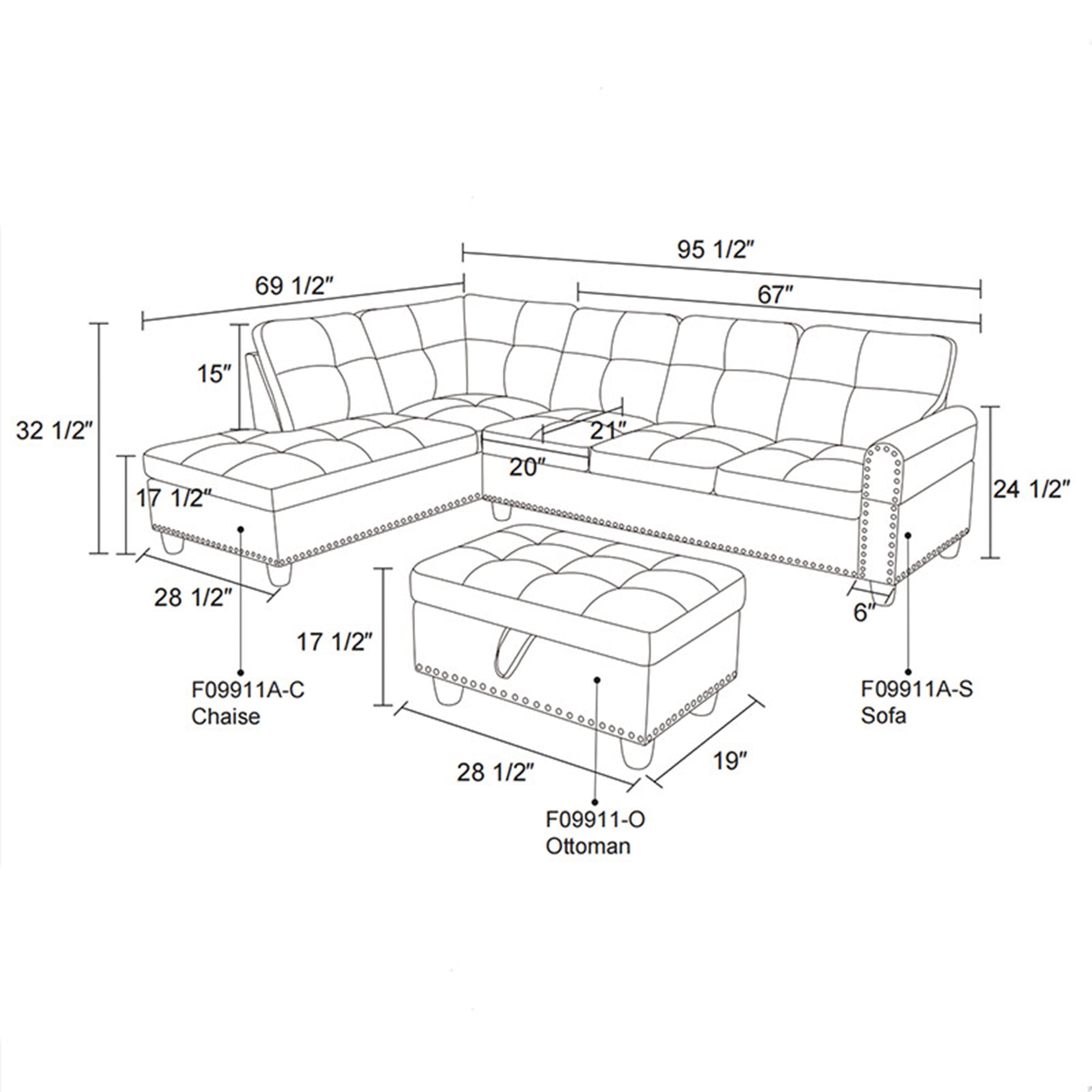 Aukfa 3 Piece Sofa Set, L shape Sectional Couch with Storage Ottoman&Cup Holder, Linen, Left Hand, Light Gray