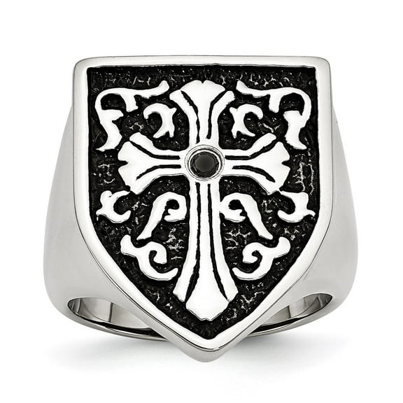 Auriga Fine Jewelry Stainless Steel Antiqued and Polished 1/20 Carat Black Diamond Shield Ring for Men Size 10
