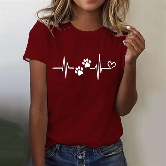 Lilgiuy National Pet Day Womens Dog Paw Love Heart Print Tops Casual Solid Color Short Sleeve Dog Mom Graphic Tees Tops Crewneck Shirts Festival Gifts(Wine,XL)