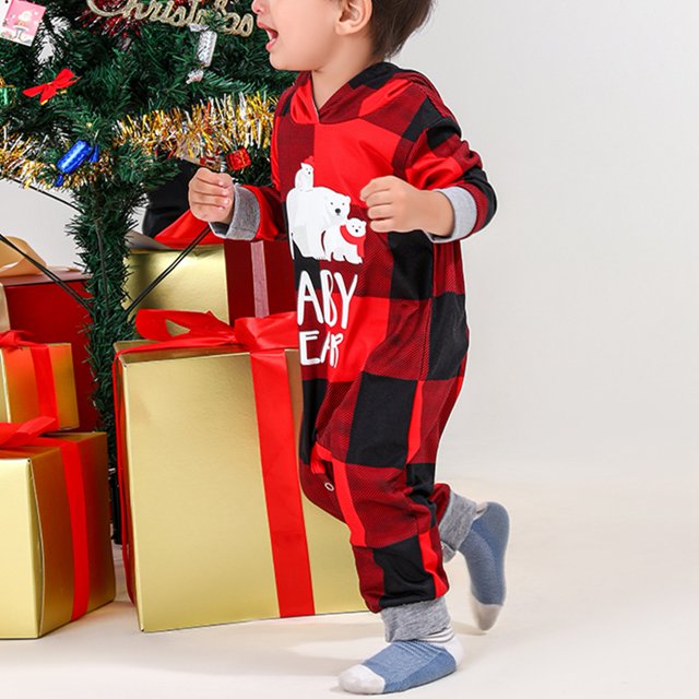 Pijamas Navideños A Juego, Manga Larga Con Estampado De Cuadros, Conjunto De Pijamas Navideños Familiares De Poliéster Suave Rojo Con Cuello Con Capucha Para Vacaciones ANGGREK Otros