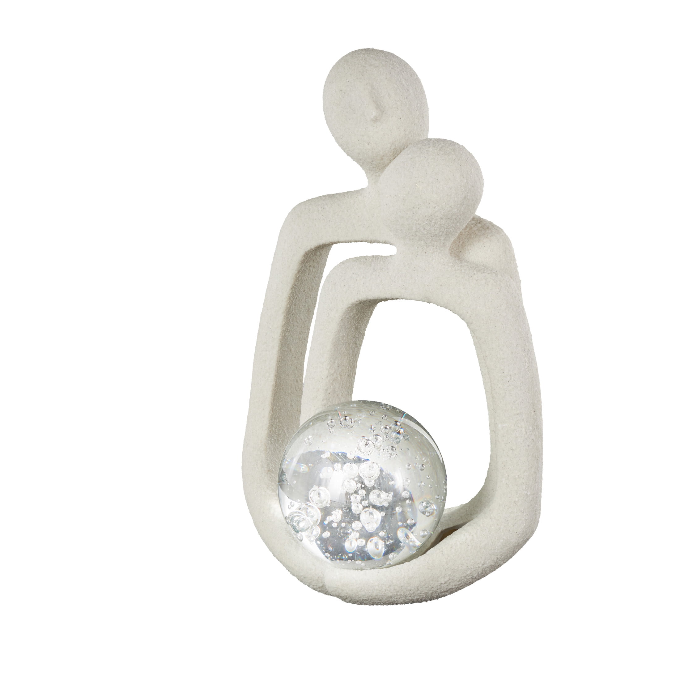 10" x 15" White Polystone Abstract Textured People Sculpture with Clear Glass Orb and Black Speckles, by DecMode