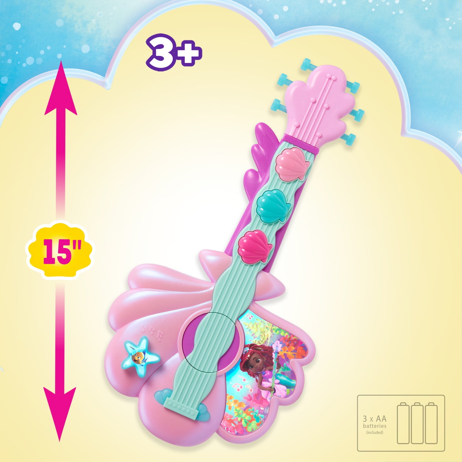 Disney Junior Ariel Sea-Beat Lights and Sounds Guitar, 3 Modes, 15-inches Baby and Toddler Toys