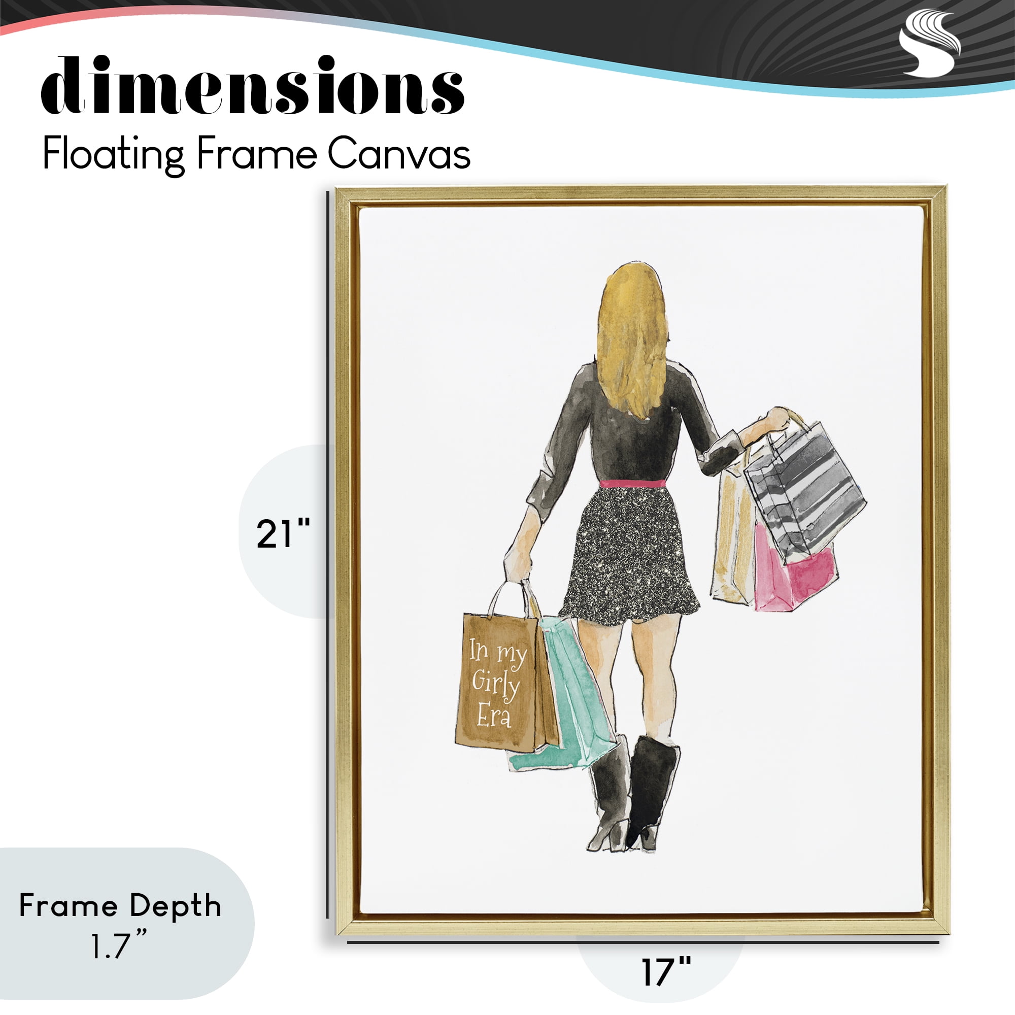 Stupell Industries Girl With Shopping Bags Gold Framed Floater Canvas Wall Art, design by Lanie Loreth