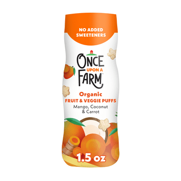 Once Upon a Farm Organic Baby Puffs, Mango, Carrot & Coconut, 1.5oz Canister