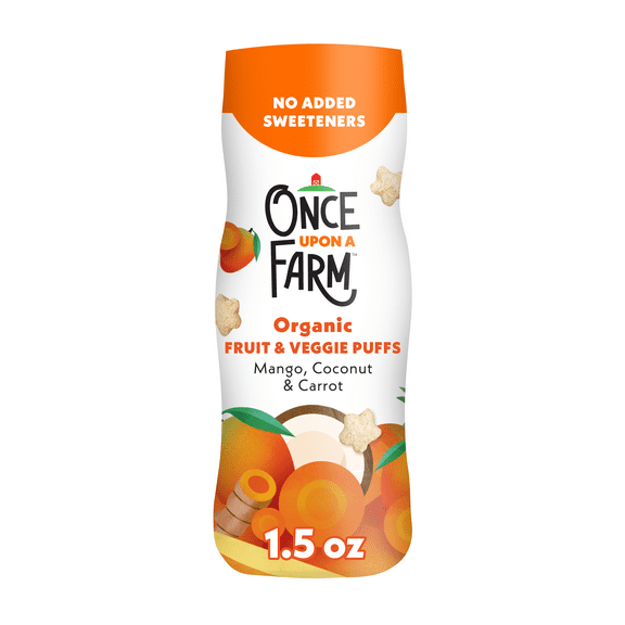 Once Upon a Farm Organic Baby Puffs, Mango, Carrot & Coconut, 1.5oz Canister