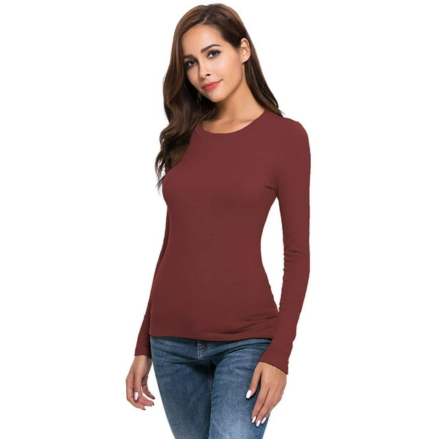 Women Long Sleeve Crew Neck/Scoop Neck Rayon Slim Fit Stretchy Layer T Shirts Tops